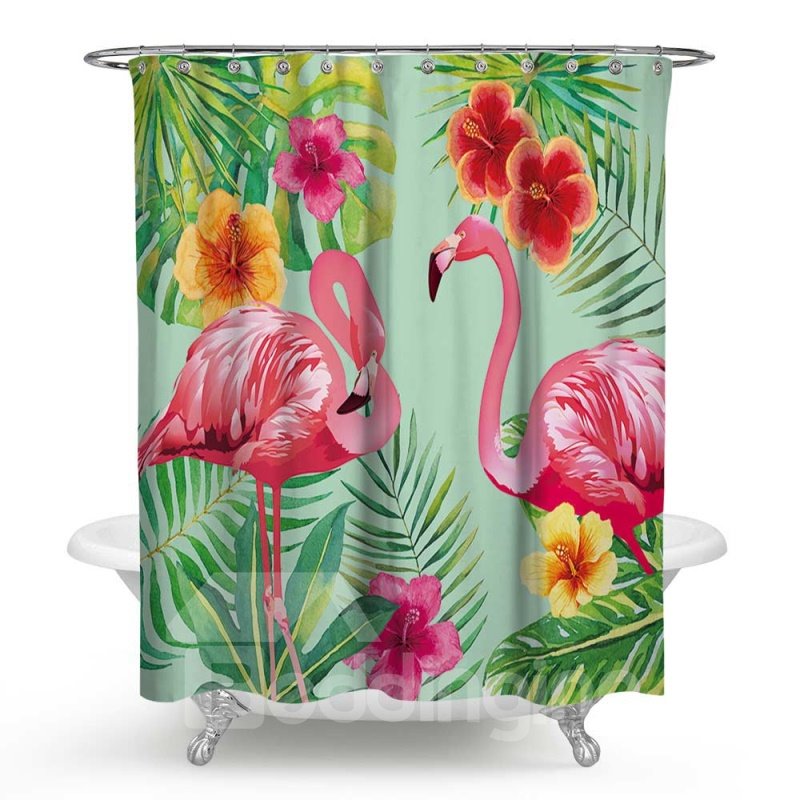 3D Waterproof Flamingos and Tropical Plants Printed Polyester Shower Curtain