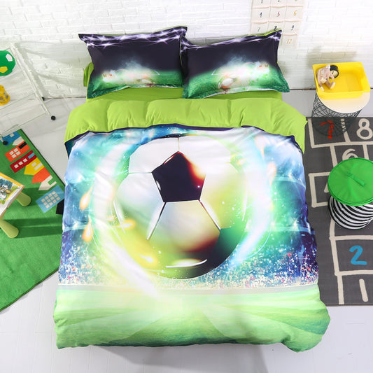 Soccer Print Bedding, Soccer Ball in Halo 4-Piece Duvet Cover Set Microfiber with Flat Sheet 2 Piilowcases