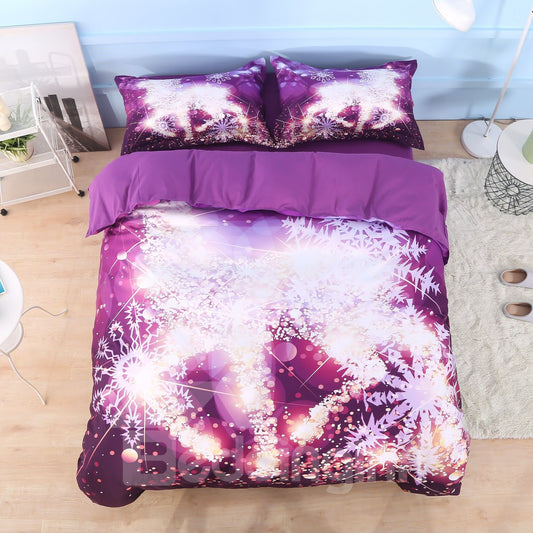 3D Golden Reindeer and Snowflake Printed 4-Piece Bedding Sets/Duvet Cover Set Microfiber Purple