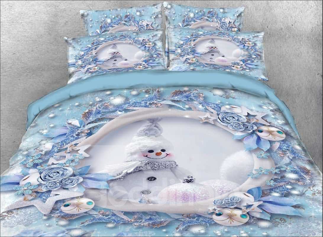 3D Snowman and Christmas Ornaments 4-Piece Bedding Set/Duvet Cover Set Blue Soft Skin-friendly Microfiber
