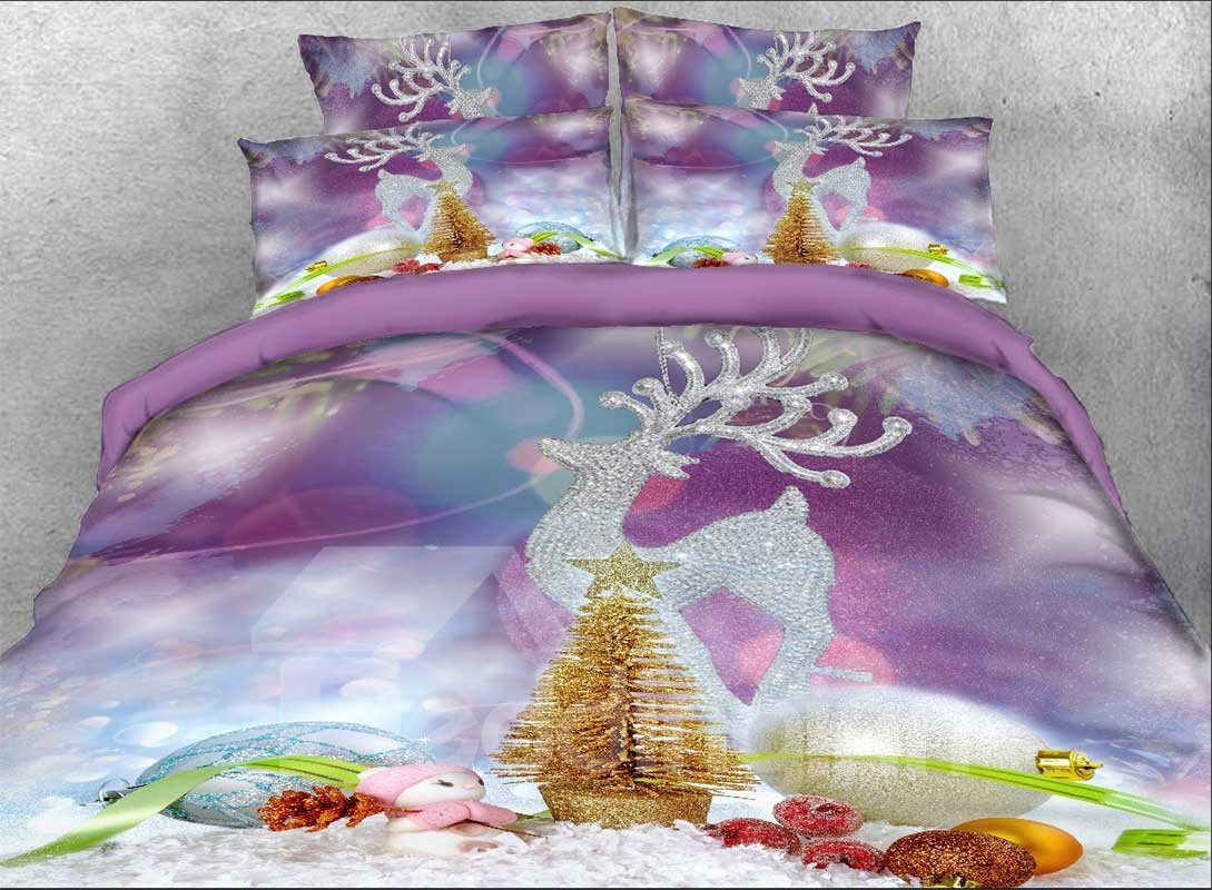 3D Christmas Ornaments Reindeer Printed 4-Piece Bedding Set/Duvet Cover Set Microfiber Purple