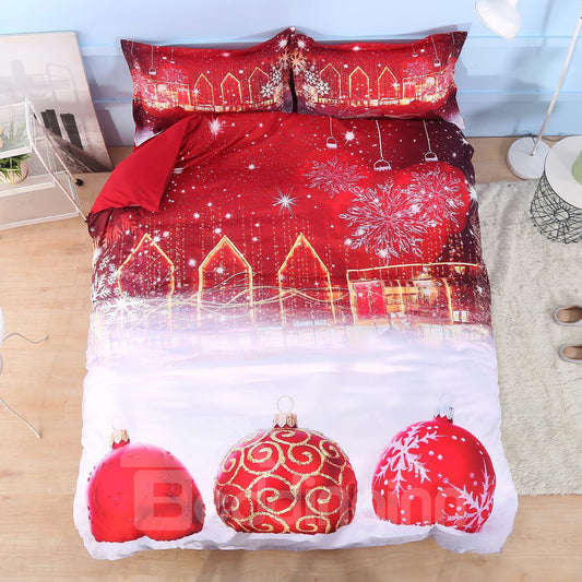Red Christmas Ball Ornaments 3D Printed 4-Piece Polyester Bedding Sets Duvet Covers Colorfast Wear-resistant Endurable Skin-friendly All-Season Ultra-soft Microfiber No-fading
