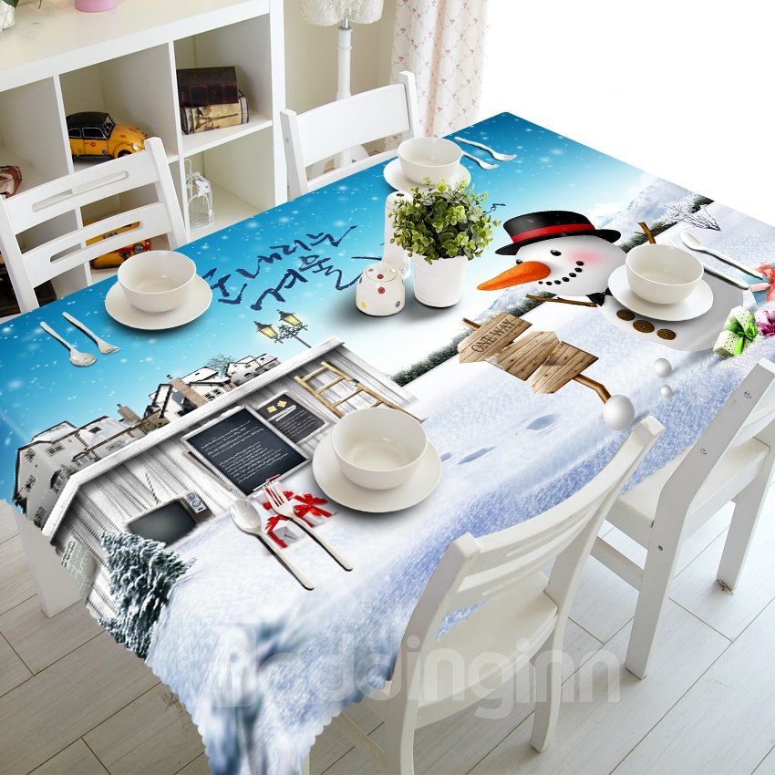 3D Cute Snowman and His Castles Printed Thick Polyester Home Hotel Table Cover