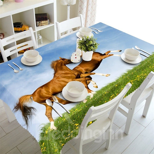 3D Two Running Horses Printed Animal Scenery Home Party Oil-Proof Table Cloth Cover