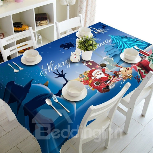 3D Santa Claus with Elks and Cute Snowman Printed Home Party Decorative Table Cloth
