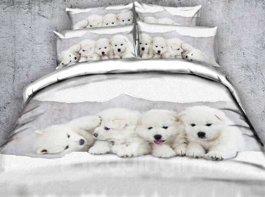 3D White Puppies Printed Polyester 4-Piece Bedding Sets/Duvet Covers