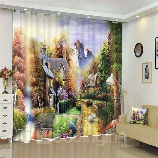 Castles in High Mountains Dreamlike Color Scenery 2 Pieces Bed Room Shading Curtain