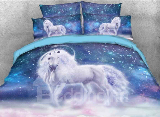 White Unicorn and Galaxy Printed 3D 4-Piece Duvet Cover Set Blue Bedding Set
