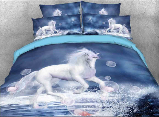 White Unicorn and Bubbles Printed  4-Piece 3D Bedding Sets/Duvet Cover Set Microfiber