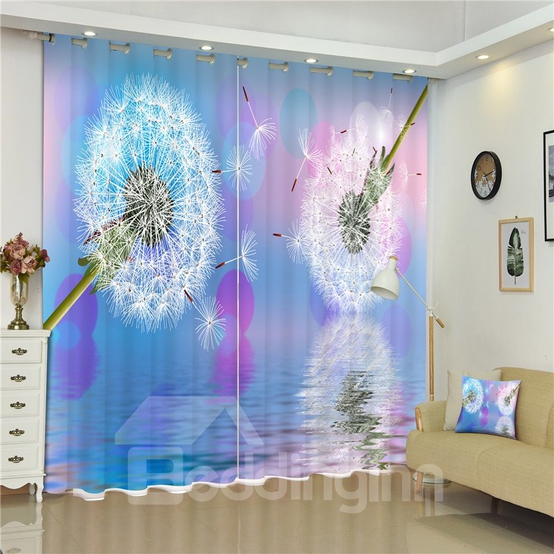 3D White Dandelions and Light Blue Background Printed 2 Panels Curtain