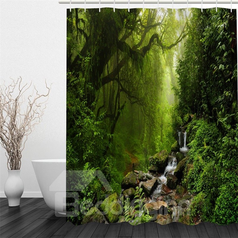 3D Stream Flowing in Forest Pattern Polyester Waterproof and Eco-friendly 3D Shower Curtain