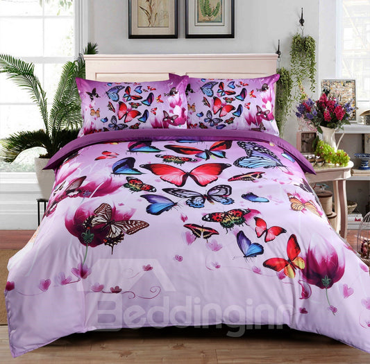 Colorful Butterflies and Purple Flower Printed 3D 4-Piece Bedding Sets/Duvet Covers Skin-friendly All-Season Ultra-soft Microfiber No-fading