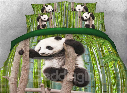 Panda Climbing Tree Printed Polyester 3D 4-Piece Bedding Sets/Duvet Covers