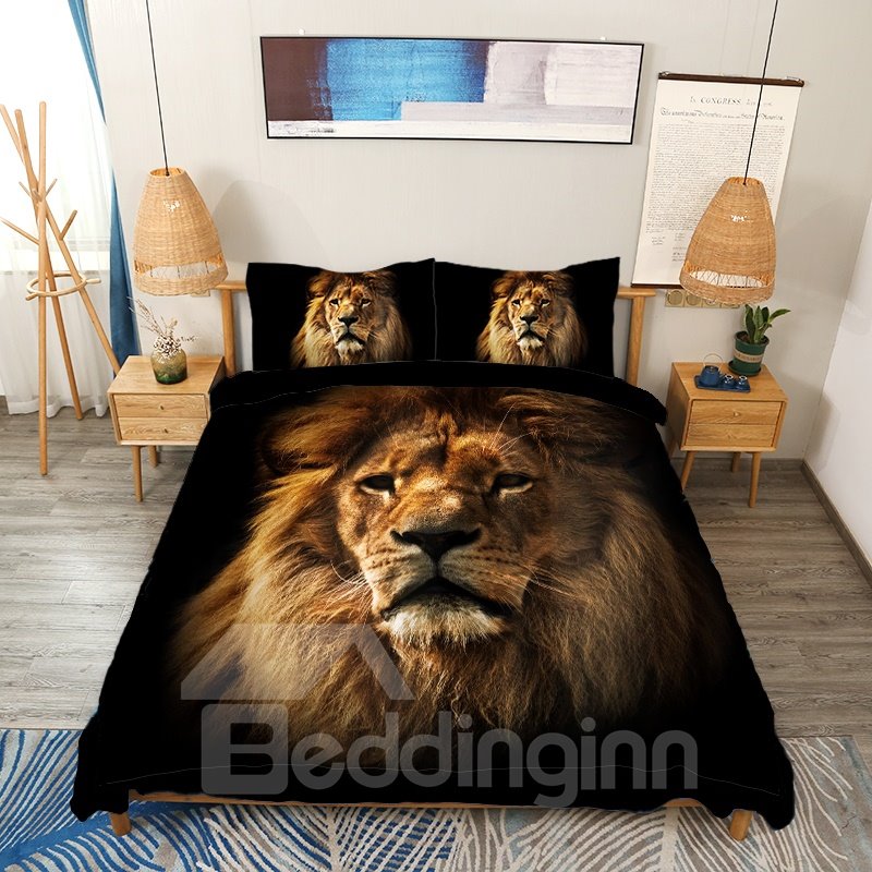 Lion Face Animal Printed 3D Duvet Cover Set 4-Piece Black Bedding Set Colorfast Wear-resistant Endurable Skin-friendly All-Season Ultra-soft Microfiber No-fading
