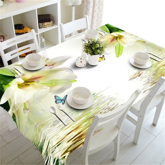 3D Beige Flowers and Beautiful Butterflies Printed Dinning Table Cover Cloth