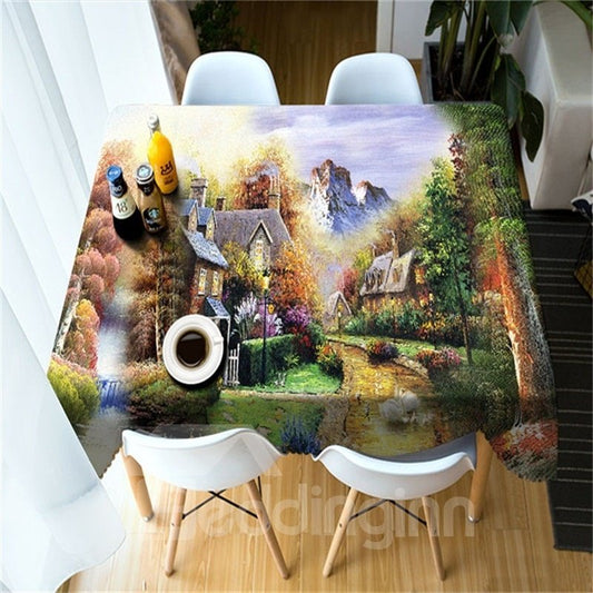 3D Wooden House in High Mountains Printed Dreamy Color Oil-Proof Table Cloth