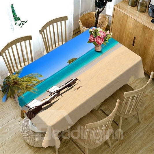 White Beach and Blue Sea with Leisure Benches Printing Decorative and Durable Cover Cloth