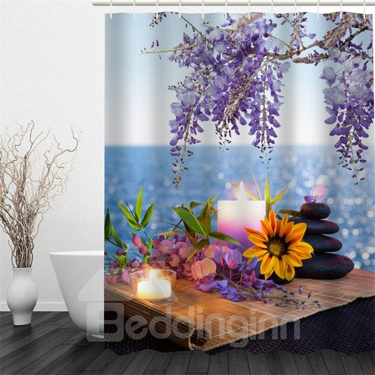 3D Diverse Flowers Candles and Lake Pattern Polyester Waterproof and Eco-friendly Shower Curtain