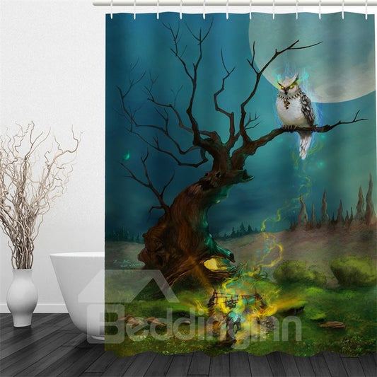 3D Owl on Tree in Moon Sky Polyester Waterproof and Eco-friendly Shower Curtain