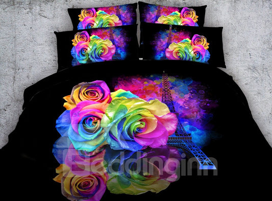 Eiffel Tower and Roses Printed Polyester 3D 4-Piece Black Bedding Sets/Duvet Covers