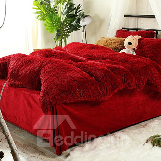 Antistatic Hot Red Super Soft Plush 4-Piece Fluffy Bedding Sets/Duvet Cover