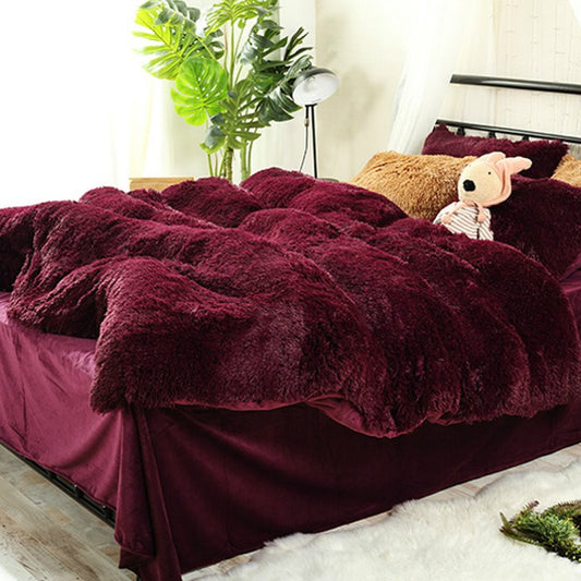 Antistatic Burgundy Red Super Soft Plush 4-Piece Fluffy Bedding Sets/Duvet Cover