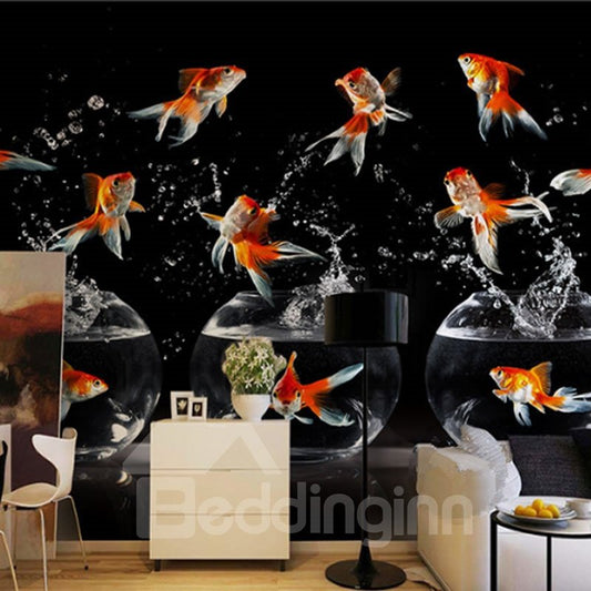 3D Golden Fishes and Fishbowls Printed Sturdy Waterproof and Eco-friendly Black Wall Mural