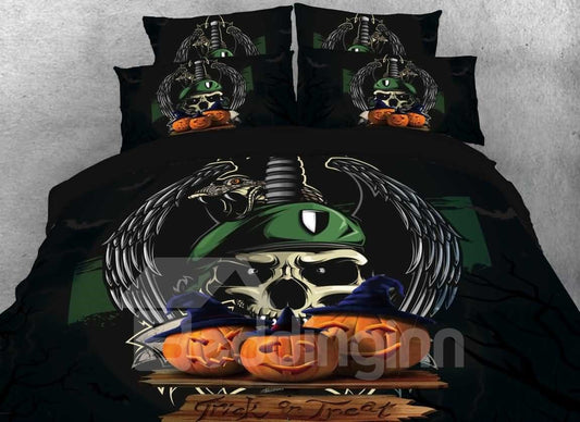 Halloween Pumpkin and Skull Printed 3D 4-Piece Black Bedding Sets/Duvet Covers Black