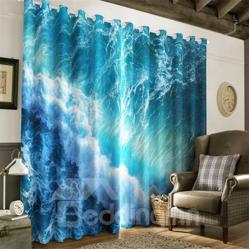 Cortina de salón y dormitorio de belleza natural impresa con mares azules y olas onduladas en 3D