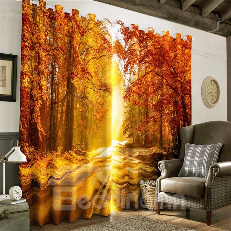 3D-Vorhang mit roten Bäumen, Wald und kleiner Straße mit sanftem Sonnenlicht, bedruckt, dekorativer und verdunkelnder Vorhang