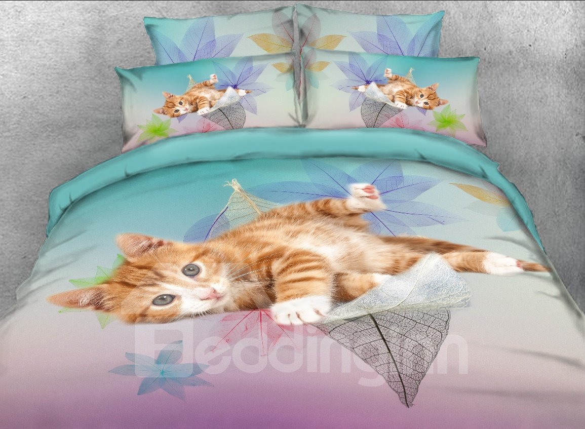 Juego de cama/funda nórdica de 4 piezas con estampado 3D de gatito en las hojas