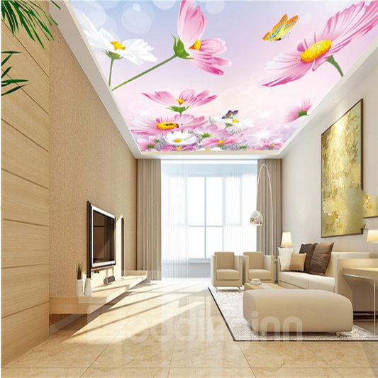 3D Pink Flowers Printed PVC Waterproof Sturdy Eco-friendly Self-Adhesive Ceiling Murals