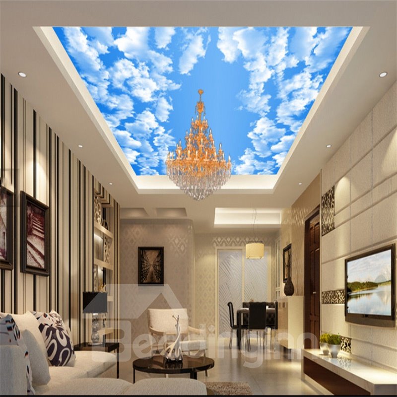 3D Clouds in Sky Printed PVC Waterproof Sturdy Eco-friendly Self-Adhesive Ceiling Murals