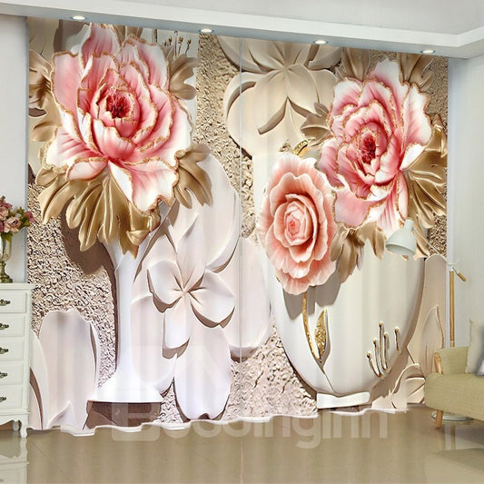 3D Elegant Pink Flowers Printed Artificial Work Decorative Blackout and Dust-proof Custom Curtain for Living Room Bedroom