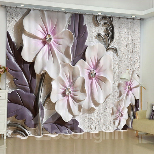 Artificial Elegant Beige Flowers Printed Custom Living Room 3D Curtain