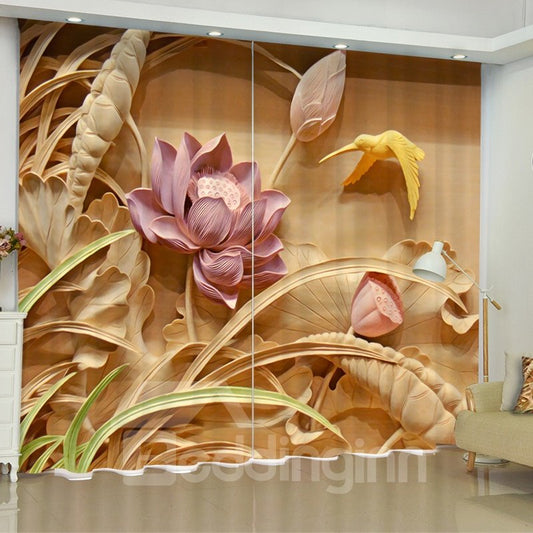 3D Artificial Carving Pink Lotus and Lovely Bird Printed Polyester Living Room Curtain