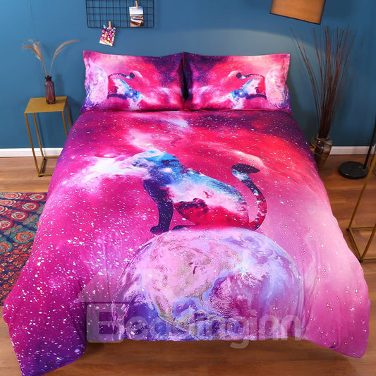 3D Red Galaxy Cat Printed 4-Piece Bedding Sets/Duvet Cover Set Queen King Size