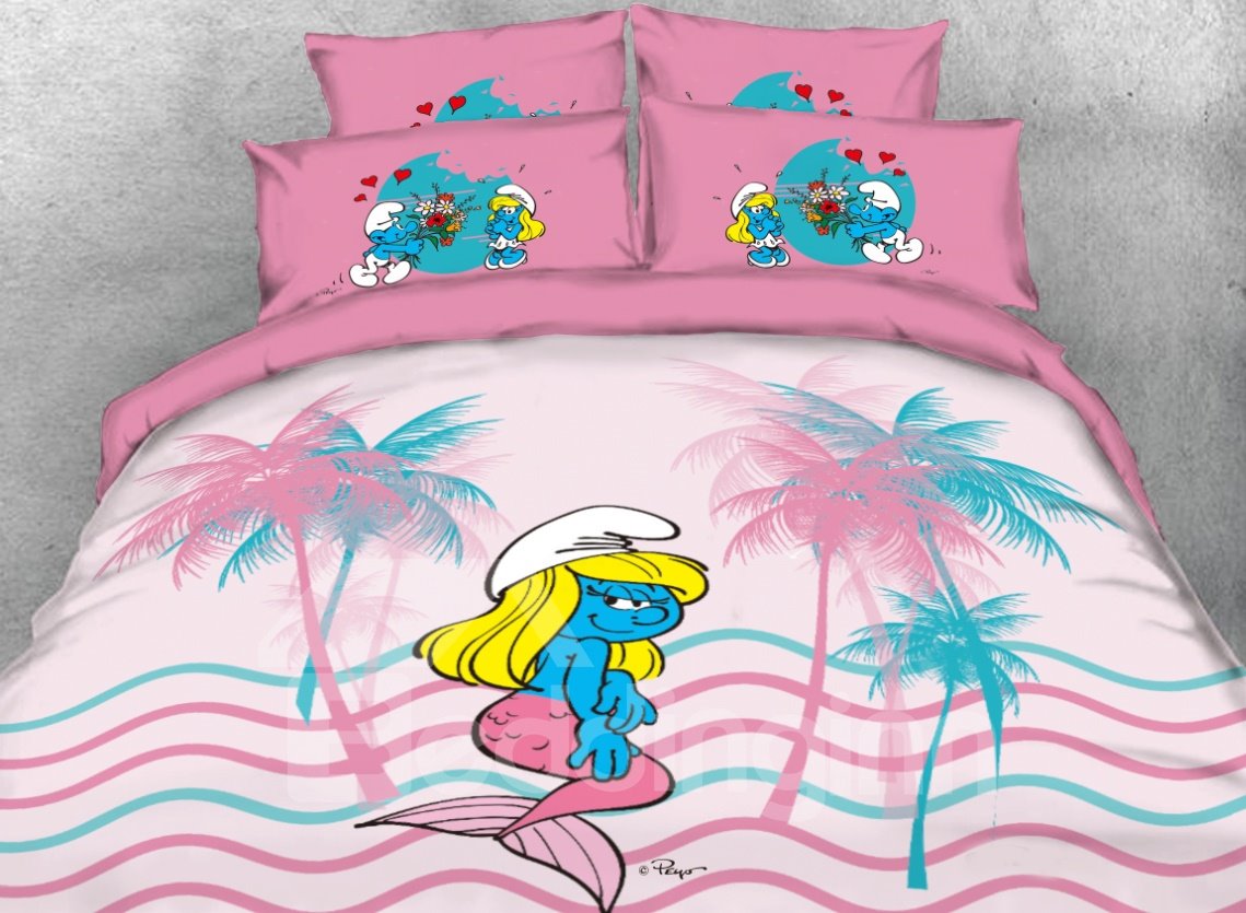 Mermaid Smurfette and Coco Trees Printed 4-Piece Pink Bedding Sets/Duvet Covers