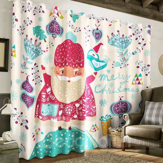 3D Cartoon Santa Claus and Christmas Decorations Printed 2 Panels Living Room Curtain