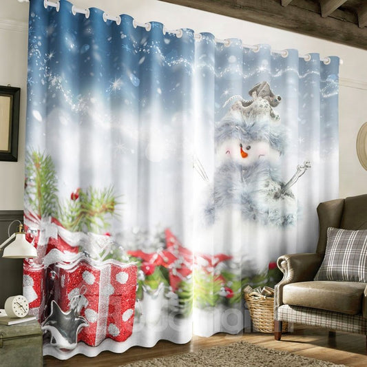 3D White Snow Man and Christmas Gifts Printed 2 Panels Decorative Custom Curtain