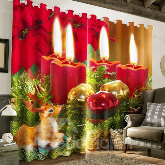 3D Lighting Candles and Lovely Squirrel Printed 2 Panels Living Room Curtain
