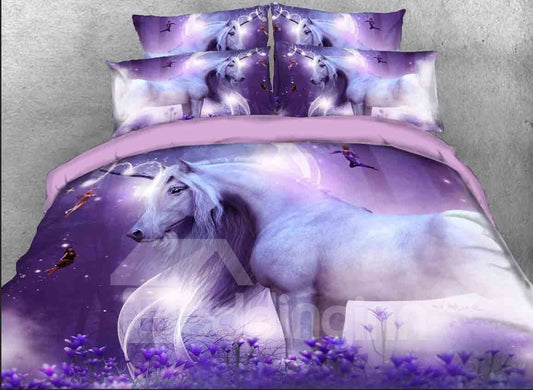 3D Unicorn and Fairies Printed 5-Piece Purple Comforter Set/Bedding Set Skin-friendly All-Season Ultra-soft Microfiber