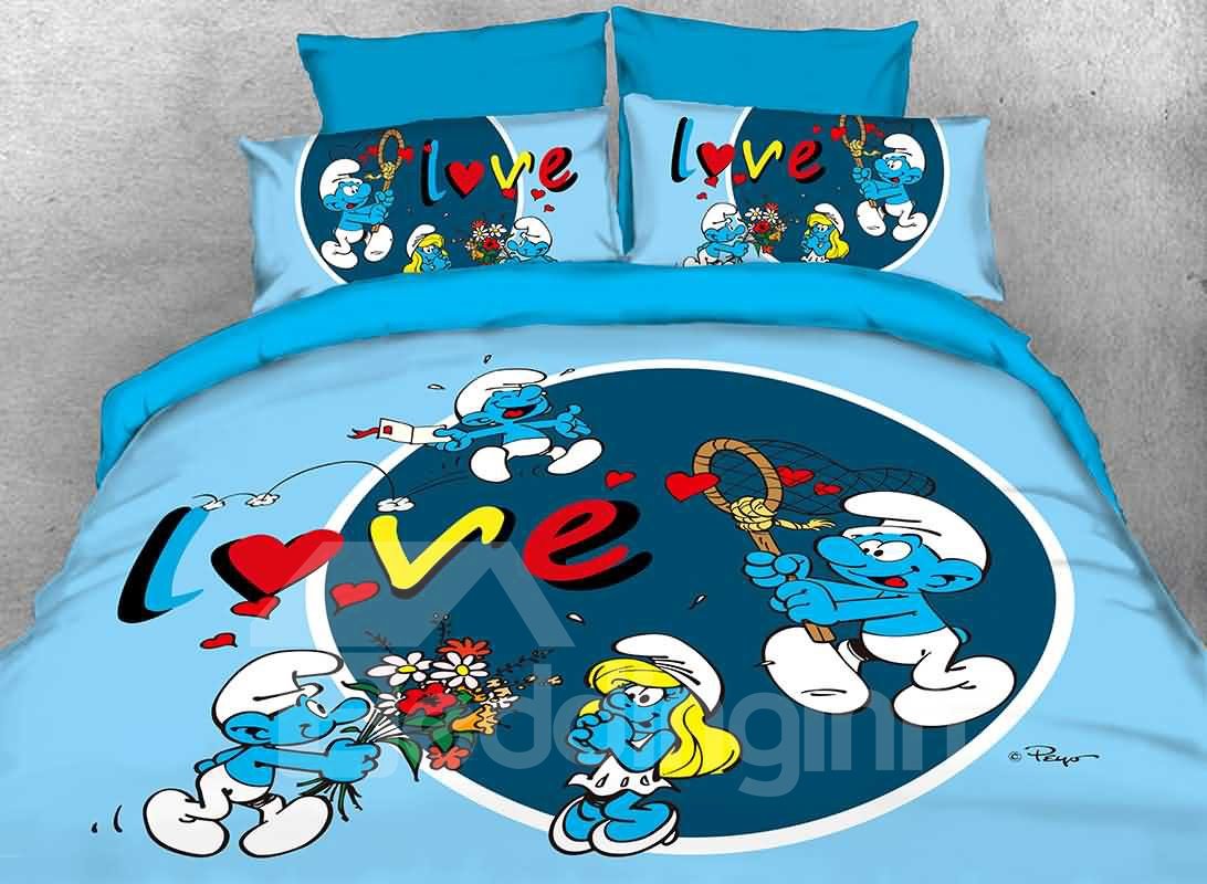 Der verliebte Schlumpf sendet Blumenstrauß an Schlumpfine. Zwei 3-teilige Kinderbettwäsche-Sets