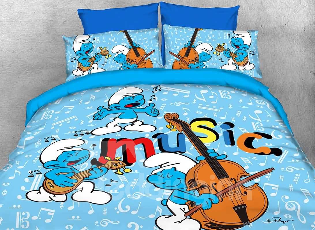 Harmony Smurf Music Concert Printed Twin 3-Piece Kids Blue Bedding Sets
