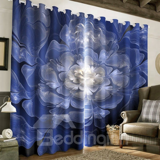 3D Creative Blue with White Flowers Printed Polyester 2 Panels Living Room Curtain