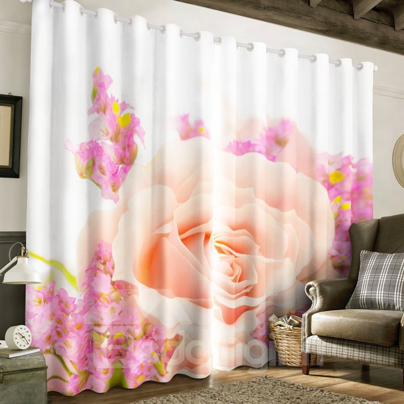 Fresh Light Pink Rose Printed 2 Panels Custom Living Room Window Drapes