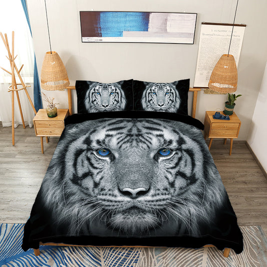 Blue Eyed Tiger Face Printed 4-Piece Duvet Cover Set, Animal Tiger Themed Bedding Set