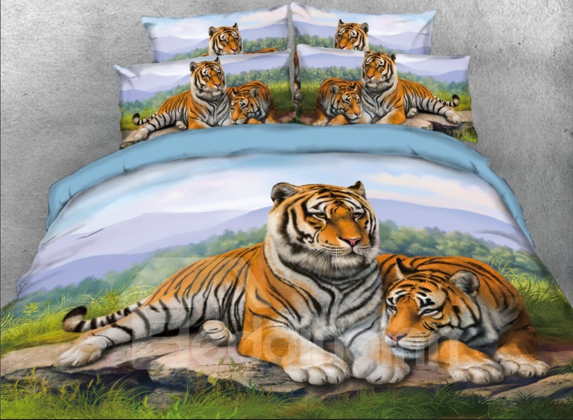 Juego de funda nórdica con estampado de animales en 3D, juego de cama de 4 piezas con tigres acurrucados