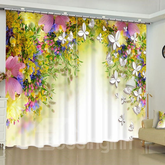 3D Pink Flowers and Butterflies Printed Pastoral Style 2 Panels Custom Window Curtain