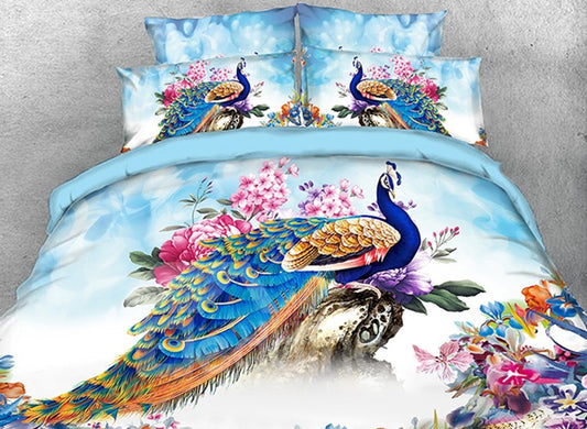 3D Peacock and Peony Watercolor Printed 5-Piece Comforter Set/Bedding Set Blue Ultra-soft No-fading Microfiber Twin Full Queen King